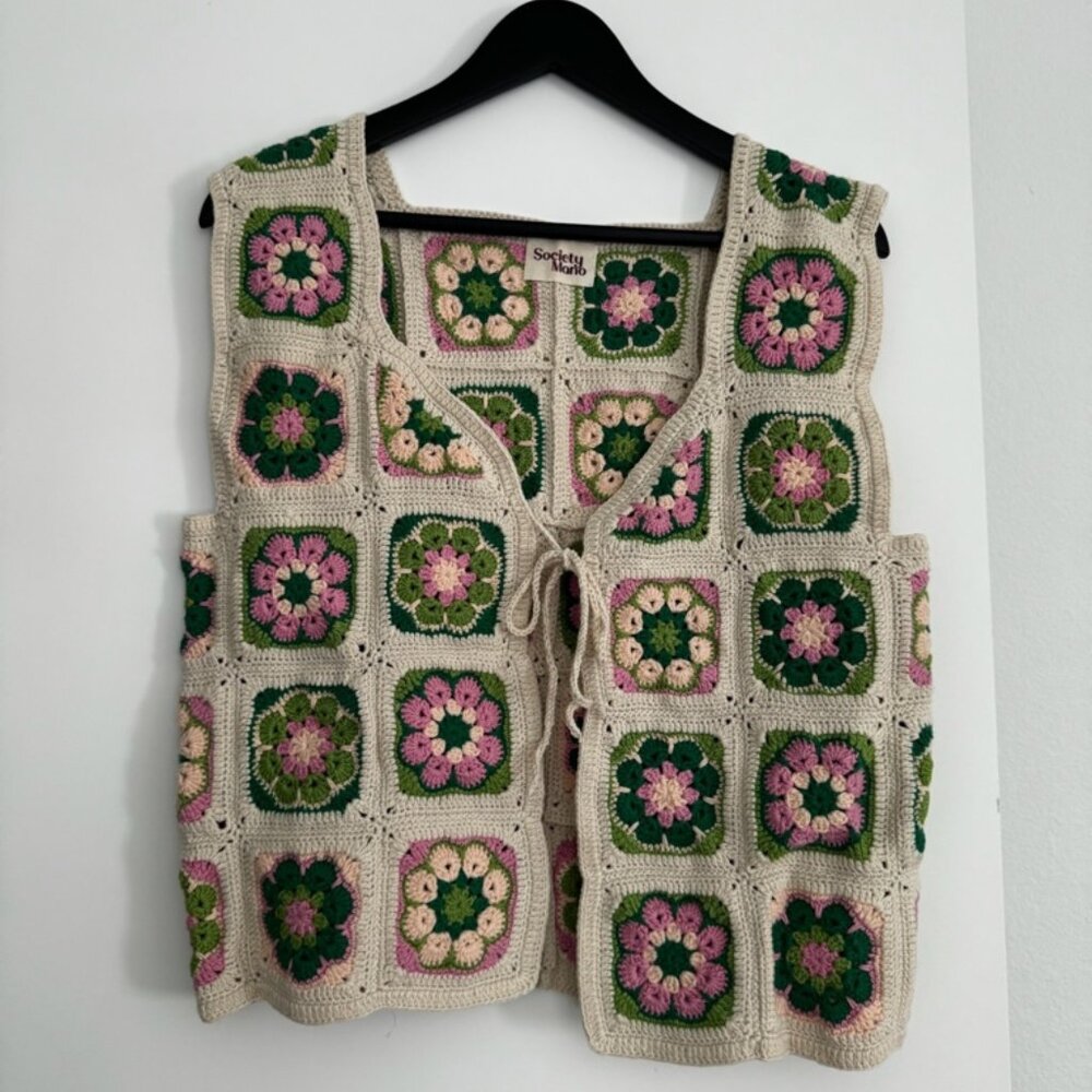 Society Mano cream crochet granny square vest with green and pink flowers - S/M